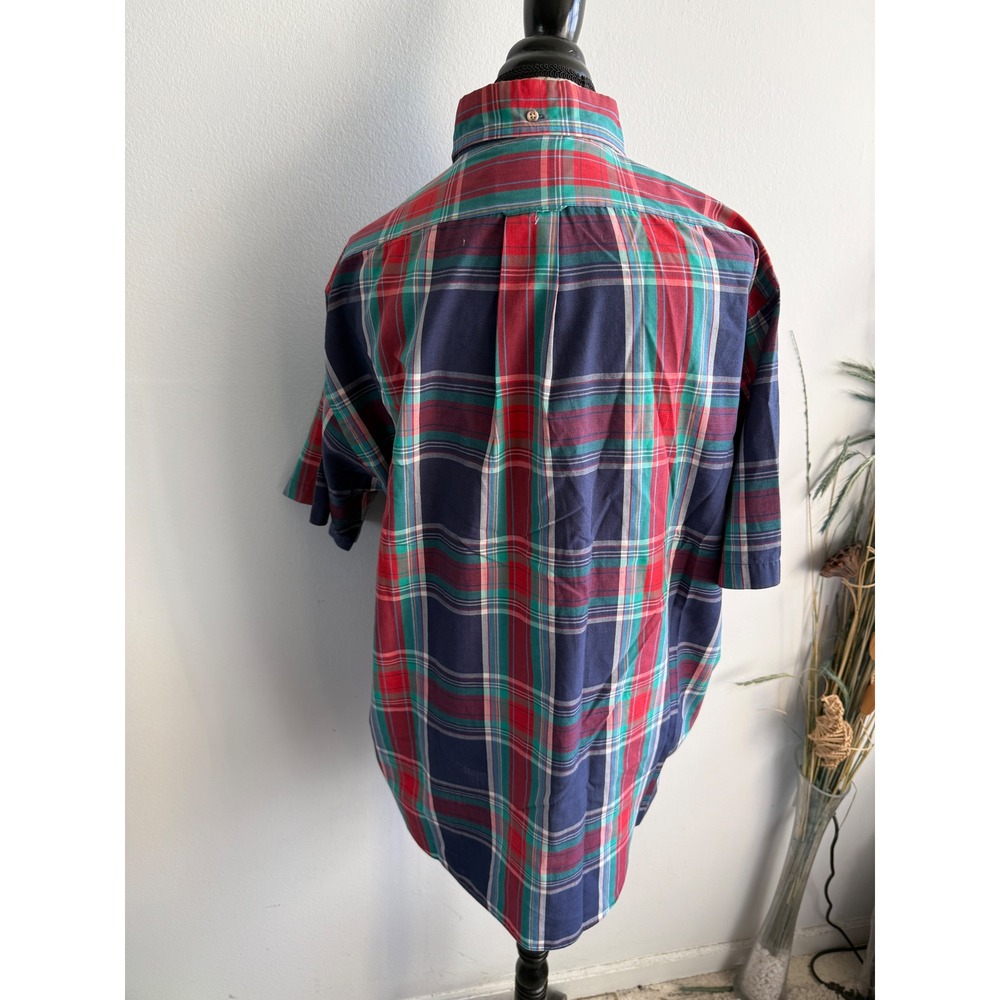 Vintage The Fox Collection Mens XL Plaid‎ Button Down Shirt Navy Red Green